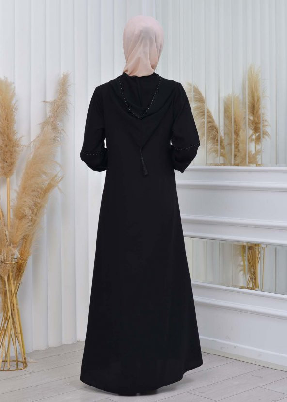 moda mix Elmas Lazer Paskılı Kapüşonlu Lastikli Kollu Fermualı Yazlık Ferace 608 - 5