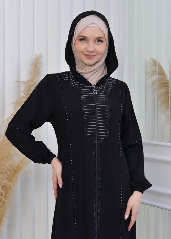 moda mix Elmas Lazer Paskılı Kapüşonlu Lastikli Kollu Fermualı Yazlık Ferace 608 - 6