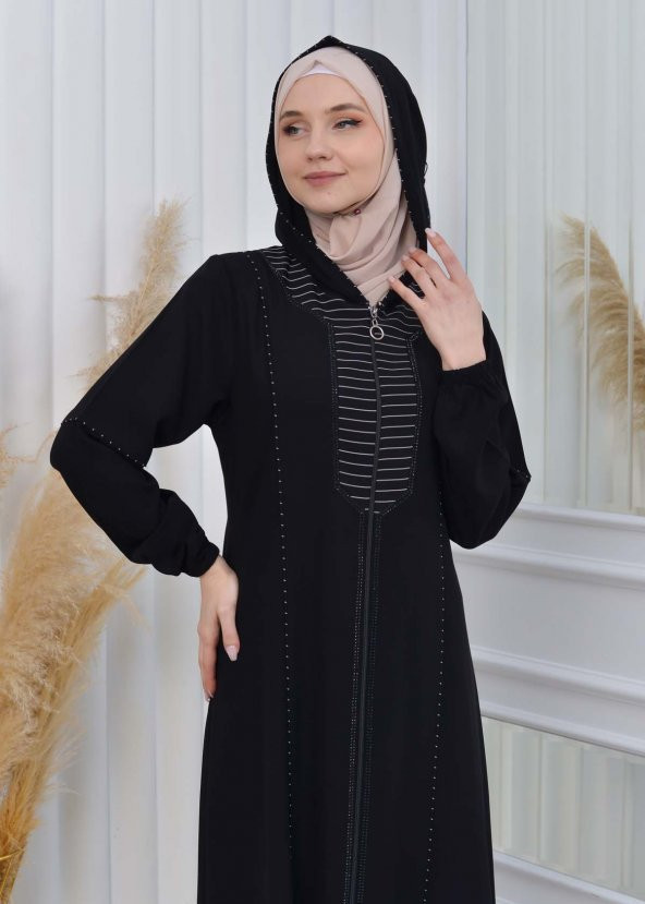 moda mix Elmas Lazer Paskılı Kapüşonlu Lastikli Kollu Fermualı Yazlık Ferace 608 - 7