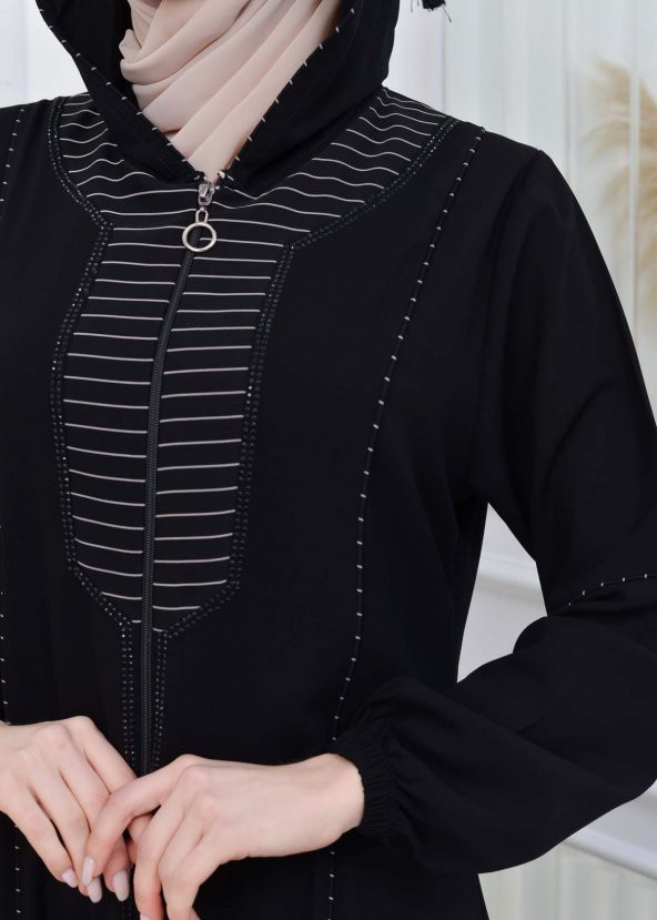 moda mix Elmas Lazer Paskılı Kapüşonlu Lastikli Kollu Fermualı Yazlık Ferace 608 - 8