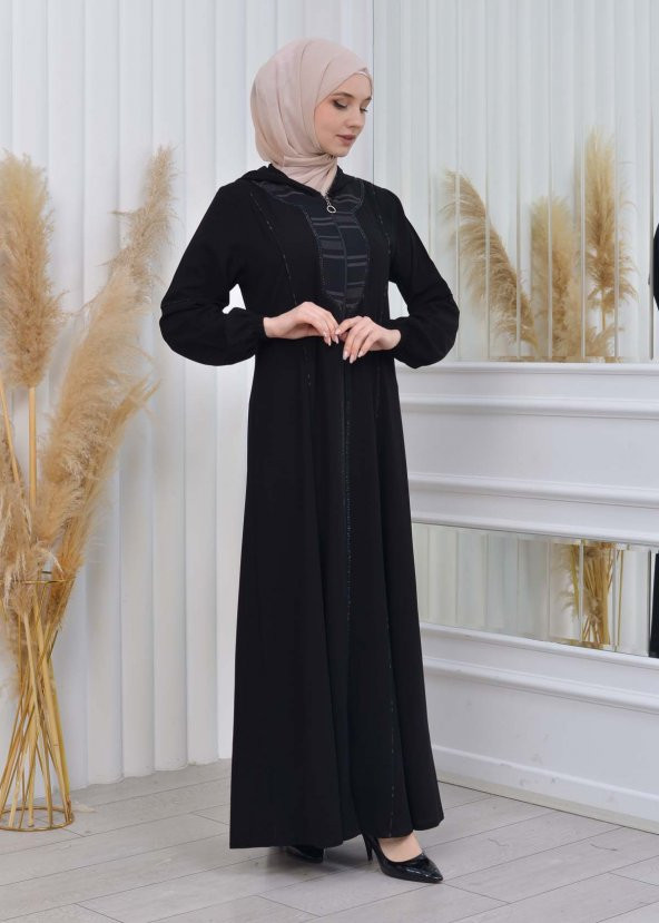 moda mix Elmas Lazer Paskılı Kapüşonlu Lastikli Kollu Fermualı Yazlık Ferace 608 - 11