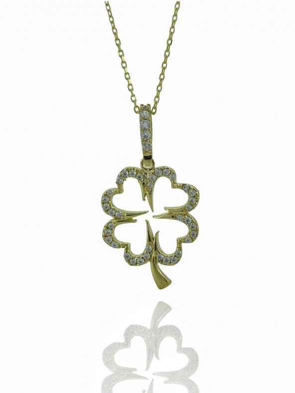 Zirkon Taş Yonca Altın Kolye 8 Ayar - Resim 2