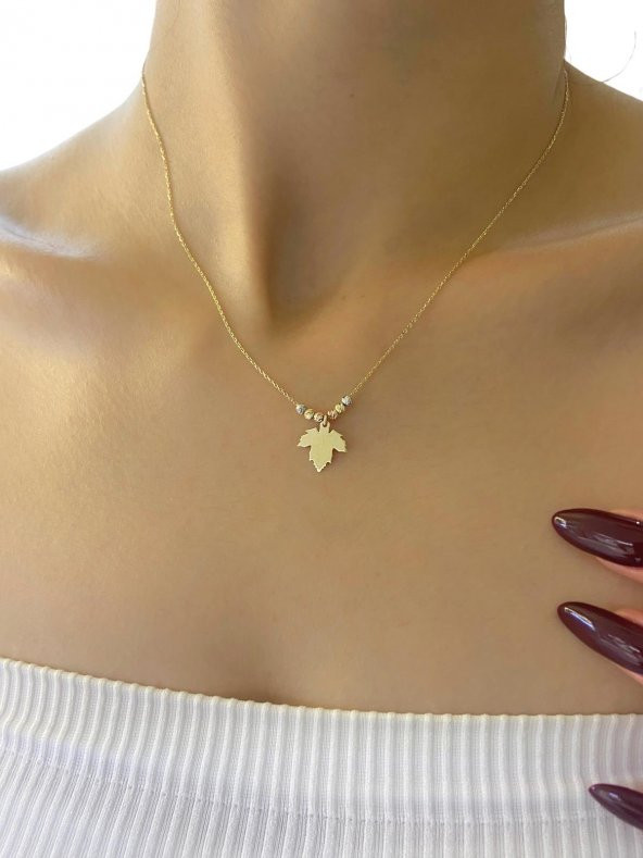 Dorika Sade Zarif Şık Çınar Yaprağı Altın Kolye 14 Ayar - 3