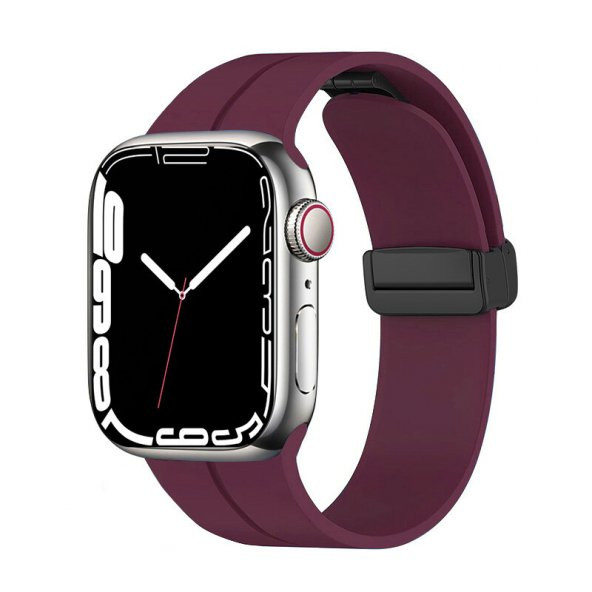 KNY Apple Watch 7 41 MM İçin Manyetik Kopçalı Renkli Silikon Kayış-Kordon KRD-84  Bordo