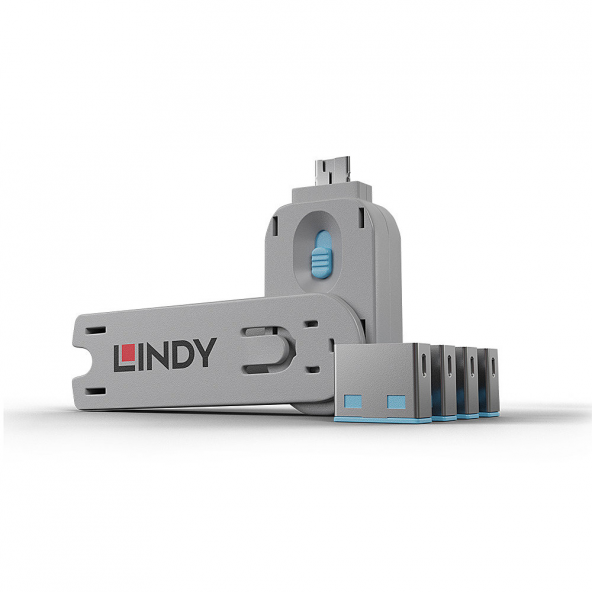 LINDY - LIN-40452 USB A Tip 4 adet Port Kilidi ve 1 adet Anahtar, Mavi Renk