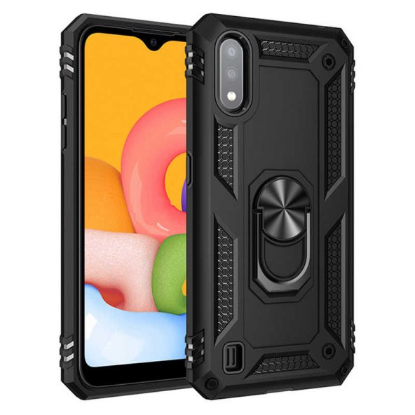 Samsung Galaxy A01 Kılıf Sofya Yüzüklü Standlı Zırhlı Silikon Kılıf