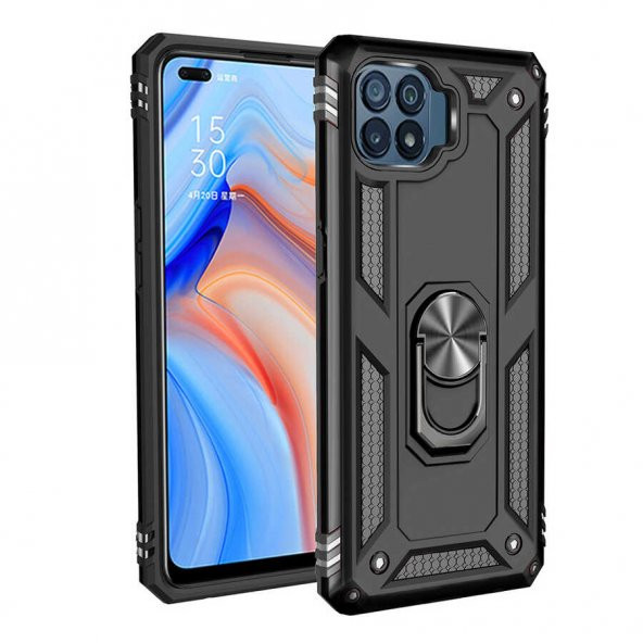 Oppo Reno 4 Lite Kılıf Sofya Yüzüklü Standlı Zırhlı Silikon Kılıf - 1