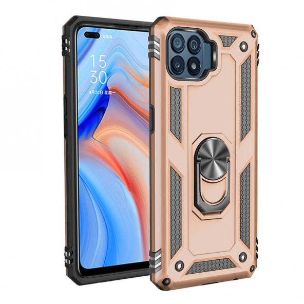 Oppo Reno 4 Lite Kılıf Sofya Yüzüklü Standlı Zırhlı Silikon Kılıf - 4