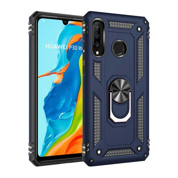 Huawei P30 Lite Kılıf Sofya Yüzüklü Standlı Zırhlı Silikon Kılıf - 3