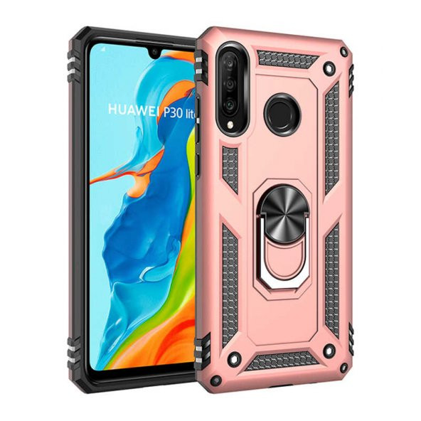 Huawei P30 Lite Kılıf Sofya Yüzüklü Standlı Zırhlı Silikon Kılıf - 4