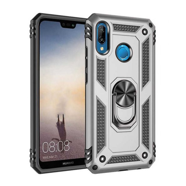 Huawei P20 Lite Kılıf Sofya Yüzüklü Standlı Zırhlı Silikon Kılıf - Resim 2