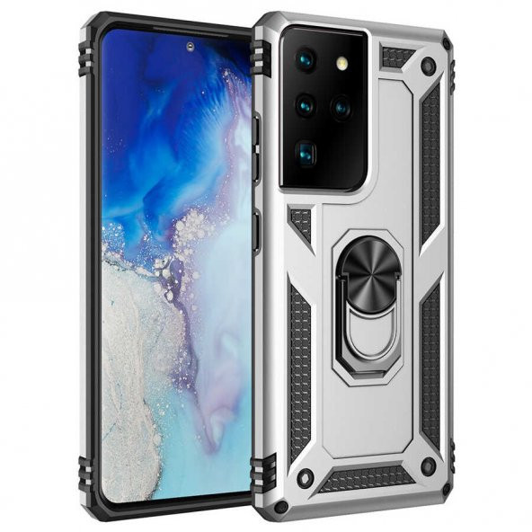 Samsung Galaxy S21 Ultra Kılıf Sofya Yüzüklü Standlı Zırhlı Silikon Kılıf - Resim 2