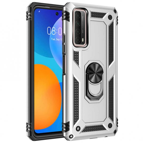 Huawei P Smart 2021 Kılıf Sofya Yüzüklü Standlı Zırhlı Silikon Kılıf - 1