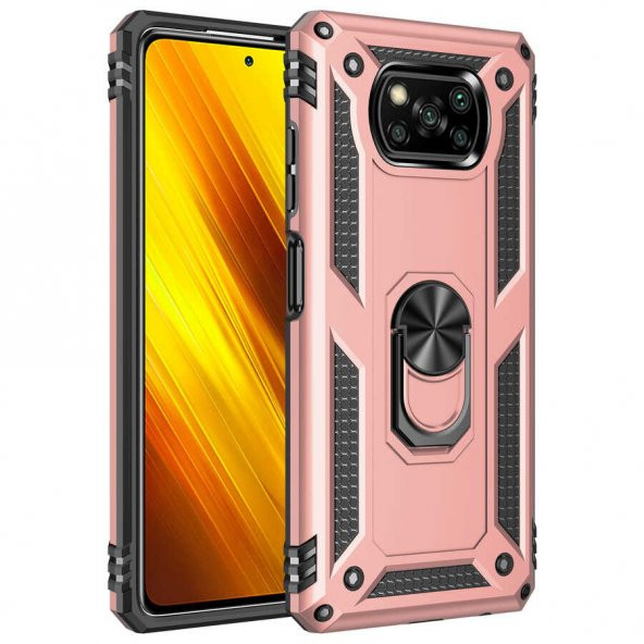 Xiaomi Poco X3 Kılıf Sofya Yüzüklü Standlı Zırhlı Silikon Kılıf - Resim 4