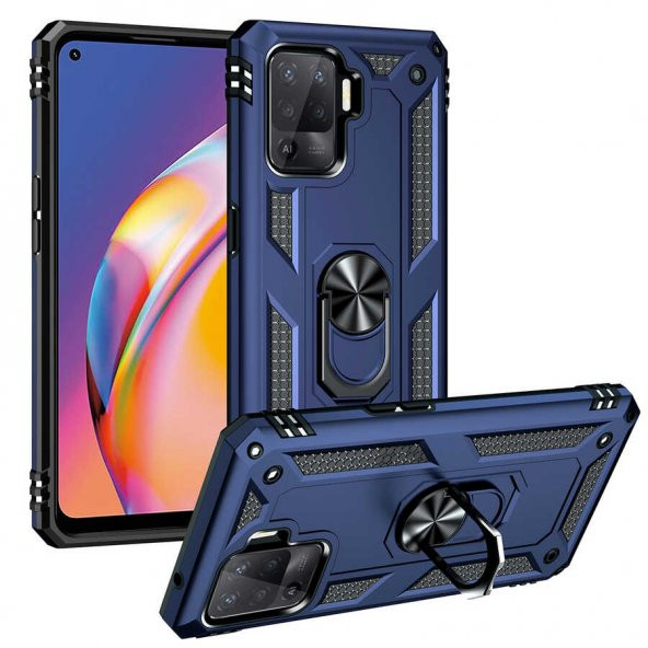 Oppo Reno 5 Lite Kılıf Sofya Yüzüklü Standlı Zırhlı Silikon Kılıf - 5