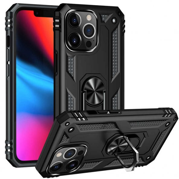 Apple iPhone 13 Pro Kılıf Sofya Yüzüklü Standlı Zırhlı Silikon Kılıf