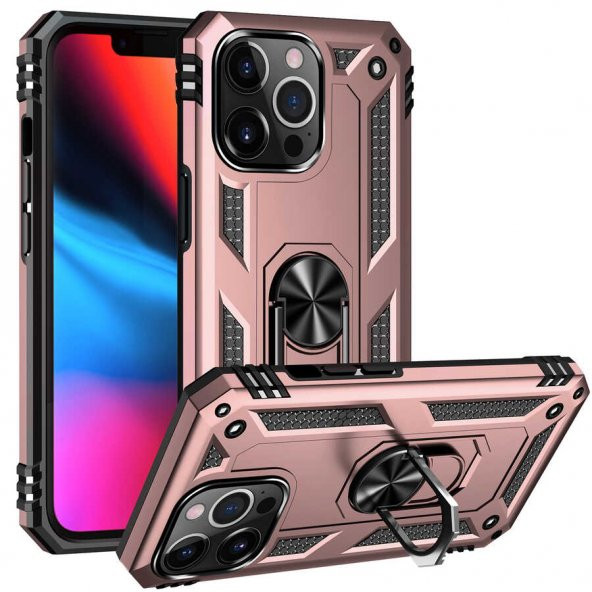 Apple iPhone 13 Pro Kılıf Sofya Yüzüklü Standlı Zırhlı Silikon Kılıf - 6