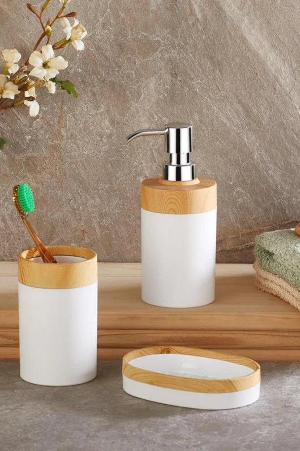 Flosoft Bambu Desenli Yuvarlak 5'li Banyo Seti Beyaz - 4
