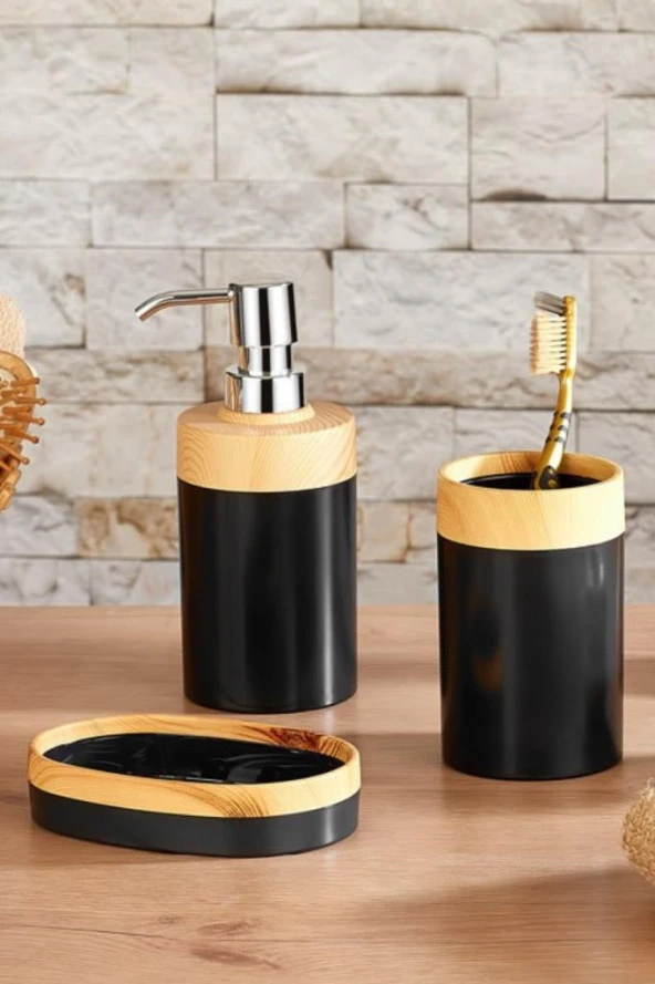 Flosoft Bambu Desenli Yuvarlak 5'li Banyo Seti Siyah - 4