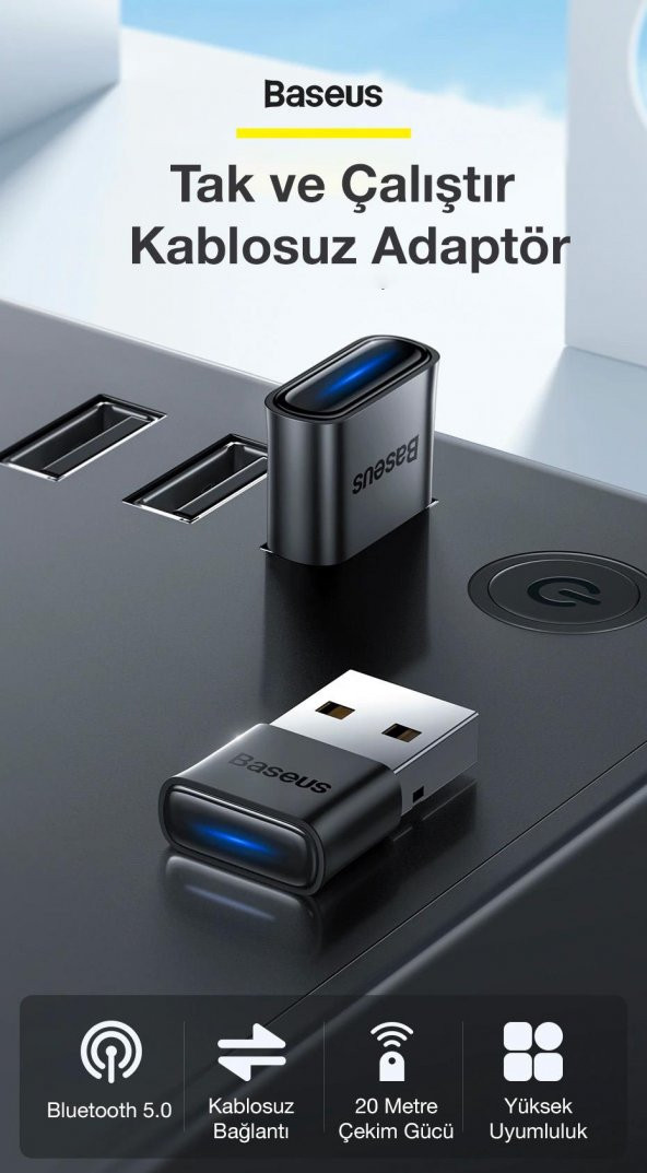 Baseus Bluetooth Vers.5.0 USB Bluetooth Adaptör USB Bluetooth 5.0 Wireless Adaptör Tak Çalıştır - 2