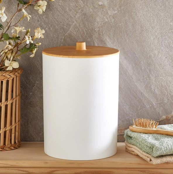 Flosoft Bambu Desenli Çöp Kovası ve Klozet Wc Fırçası 2’li Set Beyaz - Resim 2