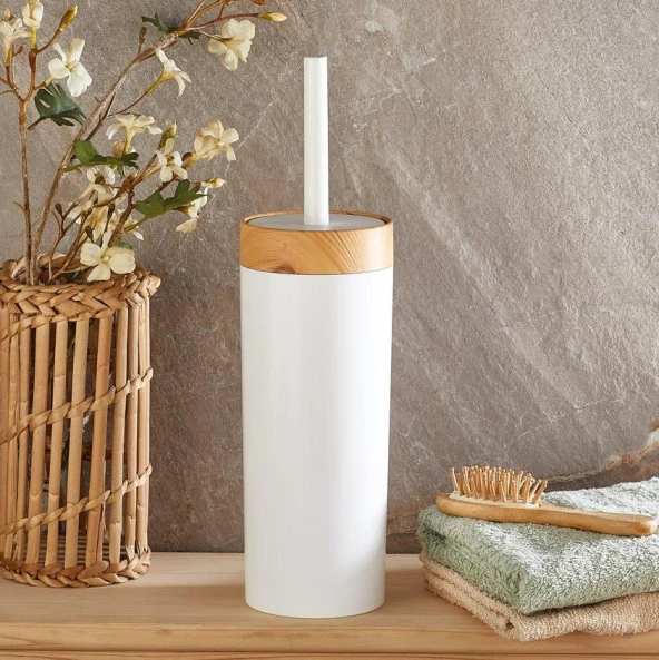 Flosoft Bambu Desenli Çöp Kovası ve Klozet Wc Fırçası 2’li Set Beyaz - Resim 3