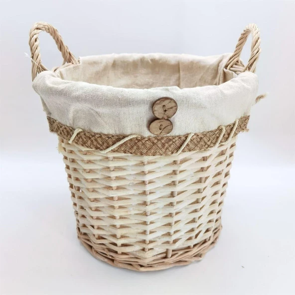 Düğme Detaylı Kulplu El Yapımı Dekoratif Çok Amaçlı 38 Cm Hasır Sepet Natural - 2