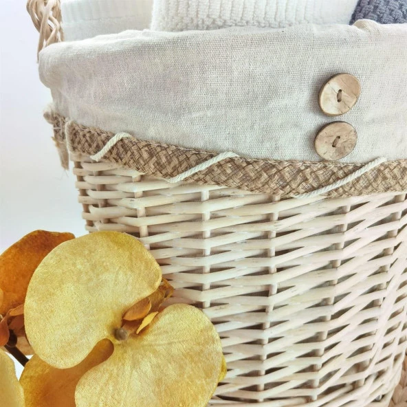 Düğme Detaylı Kulplu El Yapımı Dekoratif Çok Amaçlı 38 Cm Hasır Sepet Natural - 3