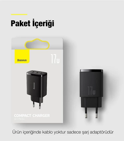 BASEUS 17W 3 USB Portlu Ultra Hızlı Şarj Adaptörü, Akım Korumalı, Akıllı Çipli Şarj Başlığı - 5