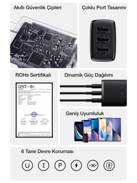 BASEUS 17W 3 USB Portlu Ultra Hızlı Şarj Adaptörü, Akım Korumalı, Akıllı Çipli Şarj Başlığı - 4