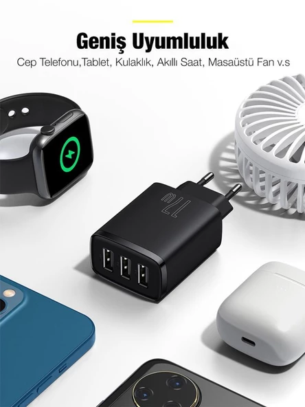 BASEUS 17W 3 USB Portlu Ultra Hızlı Şarj Adaptörü, Akım Korumalı, Akıllı Çipli Şarj Başlığı - 3