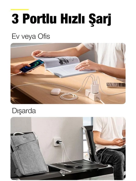 BASEUS 17W 3 USB Portlu Ultra Hızlı Şarj Adaptörü, Akım Korumalı, Akıllı Çipli Şarj Başlığı - 2