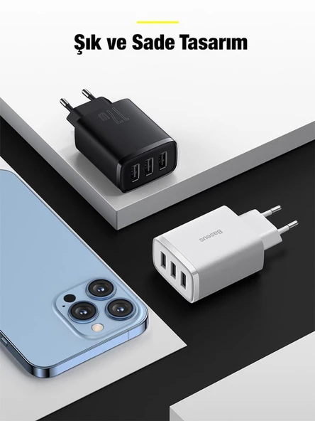 BASEUS 17W 3 USB Portlu Ultra Hızlı Şarj Adaptörü, Akım Korumalı, Akıllı Çipli Şarj Başlığı - 9