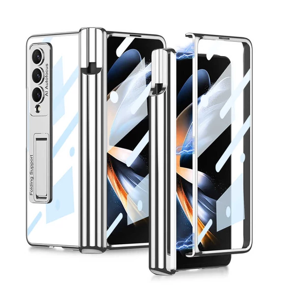 Samsung Galaxy Z Fold 4 Kılıf Zore Kıpta Standlı Kalem Bölmeli Kapak  Gümüş