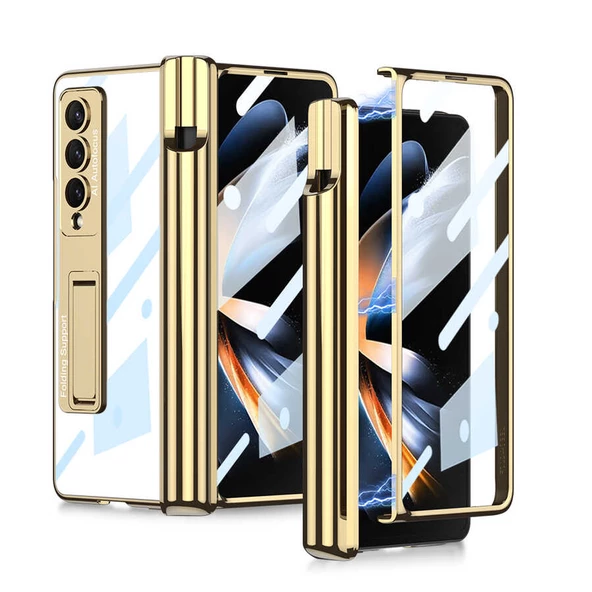 Samsung Galaxy Z Fold 4 Kılıf Zore Kıpta Standlı Kalem Bölmeli Kapak  Gold