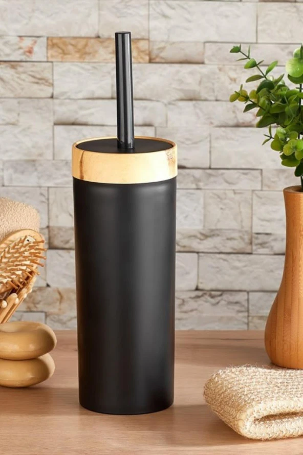 Flosoft Bambu Desenli Çöp Kovası ve Klozet Wc Fırçası 2’li Set Siyah - Resim 3
