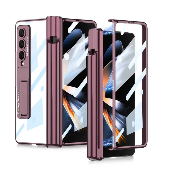 Samsung Galaxy Z Fold 4 Kılıf Zore Kıpta Standlı Kalem Bölmeli Kapak  Mürdüm