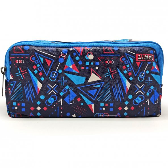 Kalem Kutusu Mavi Geometrik Kalemkutu Vegan Deri İki Bölmeli Kalemlik - Resim 3