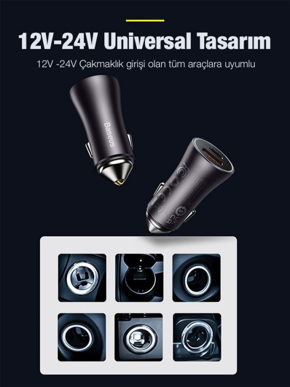 Baseus Super Şarj 60W Type-C+USB Çıkışlı Araç Çakmaklık Şarjı Akıllı Güvenlik Korumalı Led Işıklı Şarj - 2