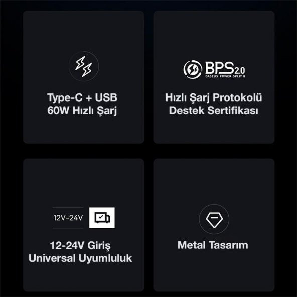 Baseus Super Şarj 60W Type-C+USB Çıkışlı Araç Çakmaklık Şarjı Akıllı Güvenlik Korumalı Led Işıklı Şarj - 3