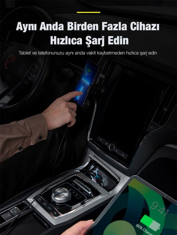 Baseus Super Şarj 60W Type-C+USB Çıkışlı Araç Çakmaklık Şarjı Akıllı Güvenlik Korumalı Led Işıklı Şarj - 5