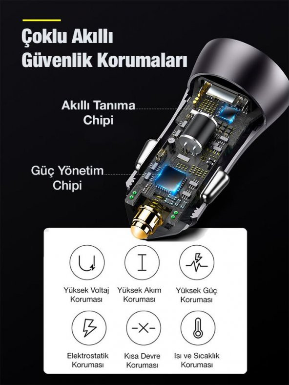 Baseus Super Şarj 60W Type-C+USB Çıkışlı Araç Çakmaklık Şarjı Akıllı Güvenlik Korumalı Led Işıklı Şarj - 6