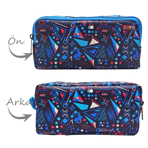 Kalem Kutusu Mavi Geometrik Kalemkutu Vegan Deri İki Bölmeli Kalemlik - Resim 2