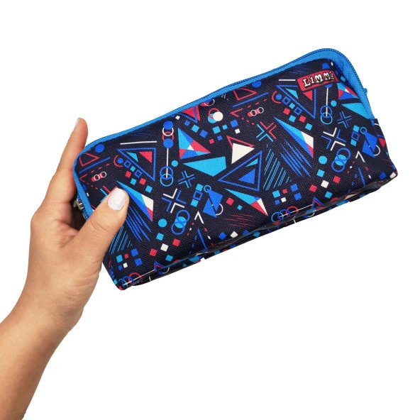 Kalem Kutusu Mavi Geometrik Kalemkutu Vegan Deri İki Bölmeli Kalemlik - Resim 4