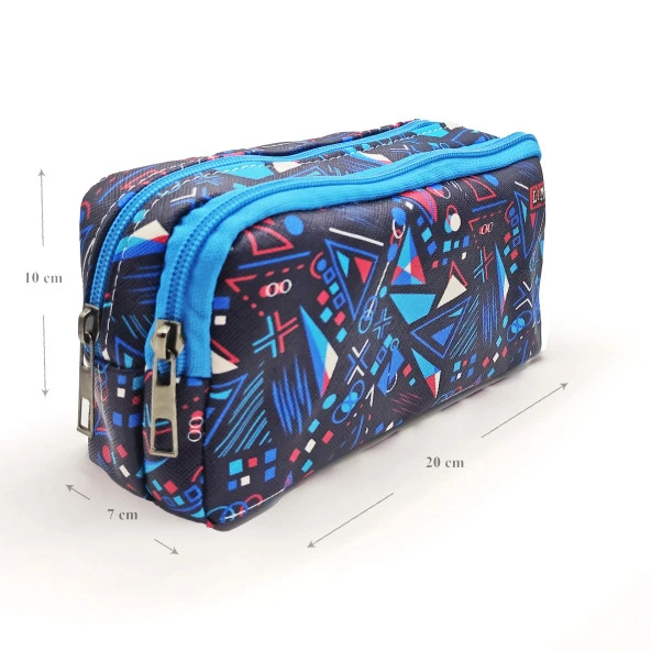 Kalem Kutusu Mavi Geometrik Kalemkutu Vegan Deri İki Bölmeli Kalemlik - Resim 5