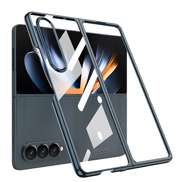 Samsung Galaxy Z Fold 4 Kılıf Zore Full Camlı Kıpta Kapak  Gümüş Yeşili