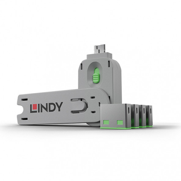 LINDY - LIN-40451 USB A Tip 4 adet Port Kilidi ve 1 adet Anahtar, Yeşil Renk