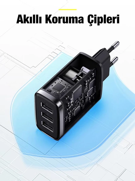 Baseus Super Şarj 3 USB Port 17W Şarj Başlığı Akım Korumalı Sertifikalı Hızlı Şarj Başlığı 3 Port - 4