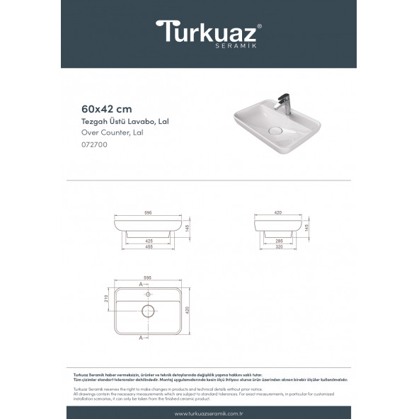Cerastyle Turkuaz Lal Tezgah Üstü Lavabo 60x42 Cm - 5