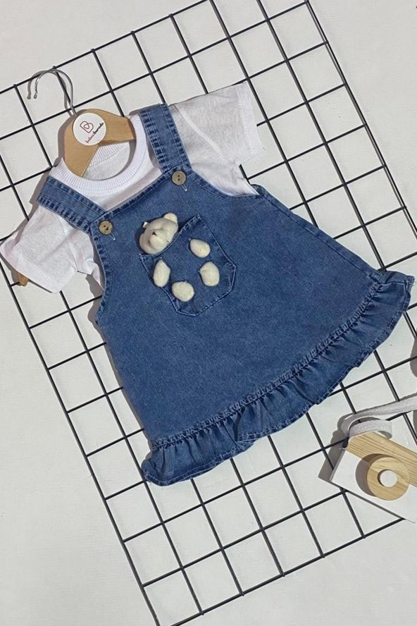 Ayıcık Oyuncaklı Kız Bebek İkili Kısa Kol Kot Elbise
